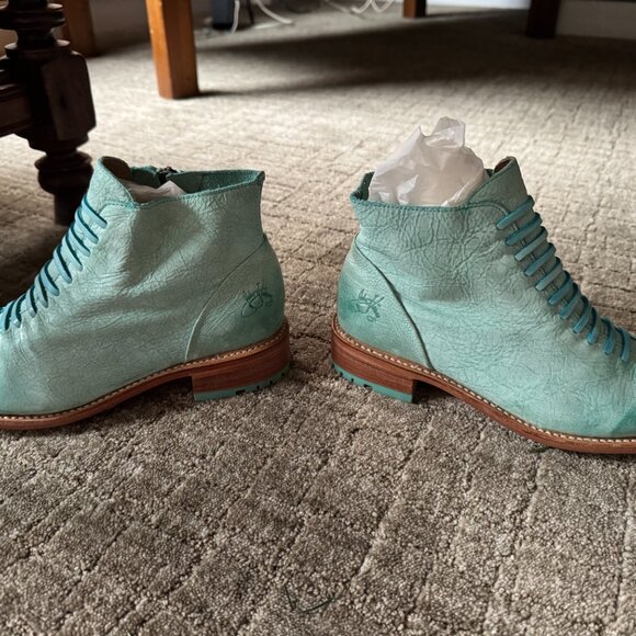 John Fluevog Babette - Women's Turquoise Ankle Boot with Faux Laces - Picture 3 of 6
